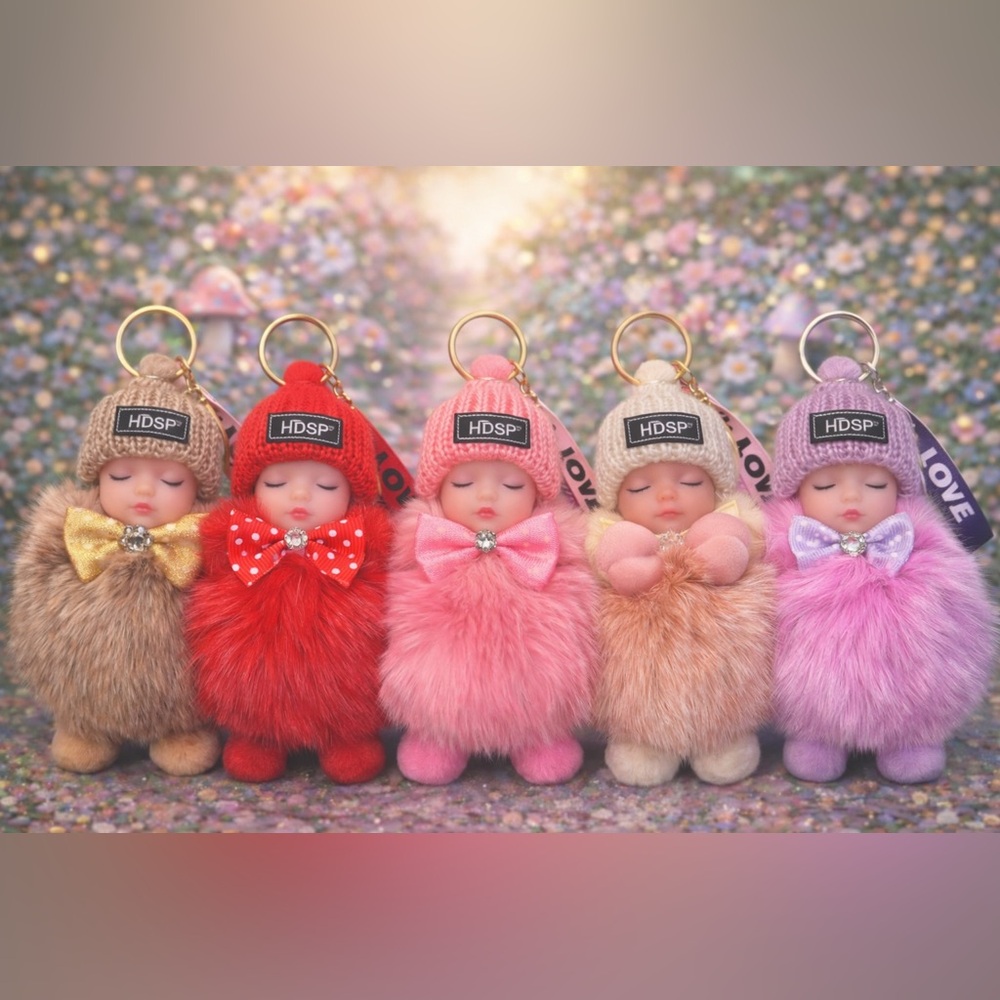 ADORABLE Sleeping Baby Doll in Plush Rabbit Fur-Keychain or Bag Charm NWT 🤎🩷